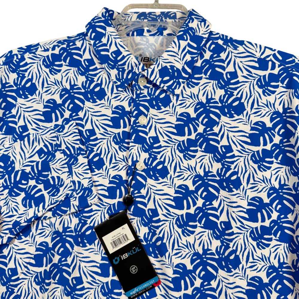 NEW IBKUL Polo Shirt Mens XL Blue Tropical Leaf IceFil UPF 50 Long‎ Sleeve